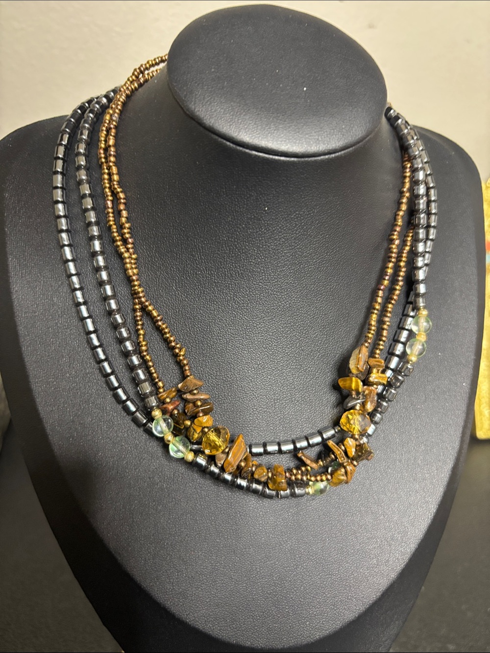 Bundle 3 Brown Tigers Eye Stone Hematite Beaded Necklace Vintage